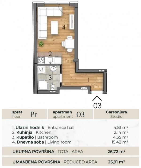 Slika 1 - Jednosoban stan na prodaju, 26m2, 76.700€