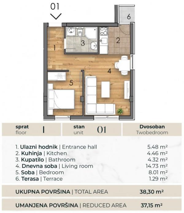Slika 1 - Dvosoban stan na prodaju, 37m2, 110.970€