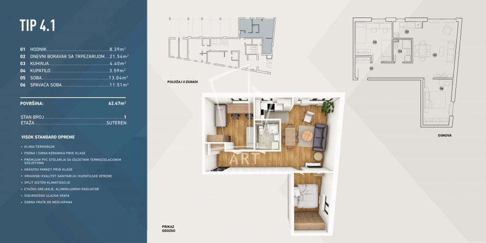 Glavna slika -Cvetanova Ćuprija, Dvoiposoban stan na prodaju, 62m2, 147.741€