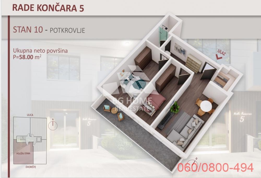 Glavna slika -Rade Končara, Dvoiposoban stan na prodaju, 58m2, 220.400€