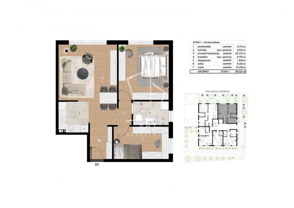 Slika 7 - Marine Veličković, Dvoiposoban stan na prodaju, 59m2, 165.880€