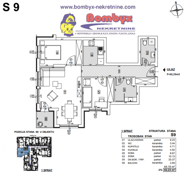 Glavna slika -Trosoban stan na prodaju, 62m2, 127.100€