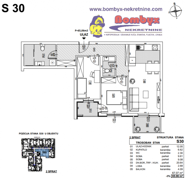 Glavna slika -Trosoban stan na prodaju, 65m2, 133.250€