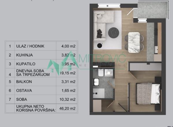 Glavna slika -Jednoiposoban stan na prodaju, 46m2, 90.410€