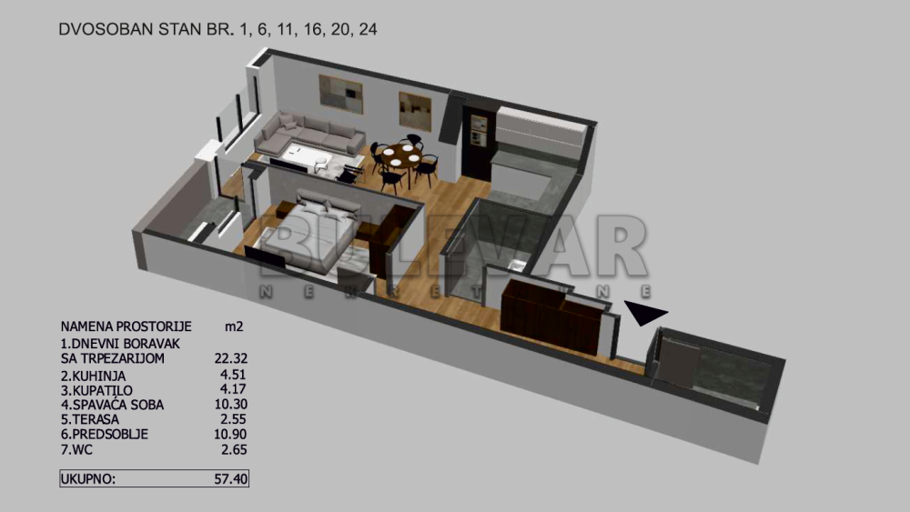 Slika 3 - Bulevar dr Zorana, Dvosoban stan na prodaju, 59m2, 125.500€