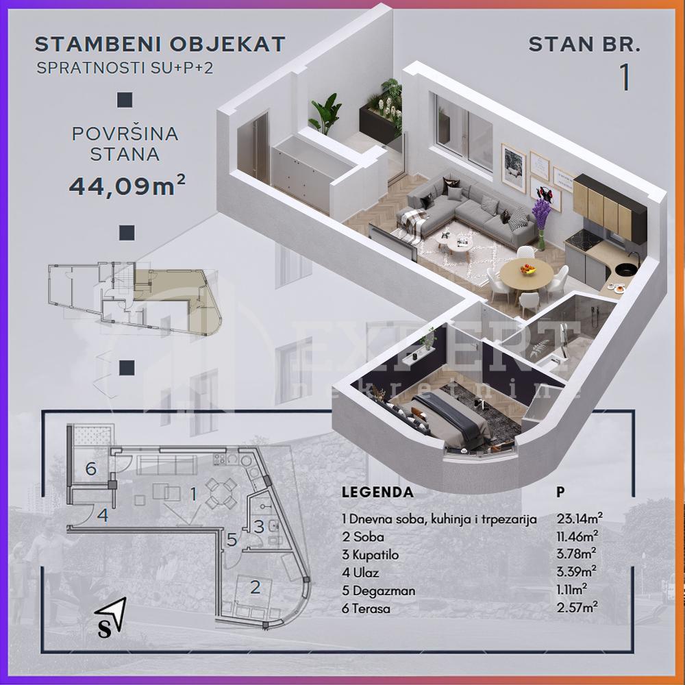Slika 2 - Durmitorska, Dvosoban stan na prodaju, 44m2, 72.750€