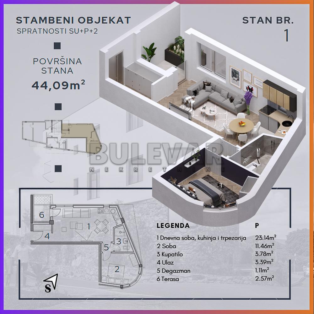 Slika 2 - Durmitorska, Dvosoban stan na prodaju, 44m2, 72.750€