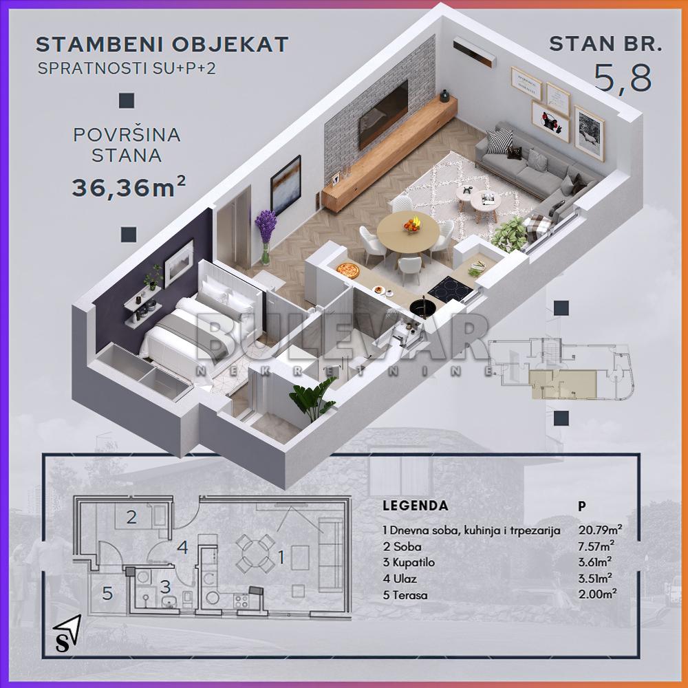 Slika 2 - Durmitorska, Jednoiposoban stan na prodaju, 36m2, 59.990€