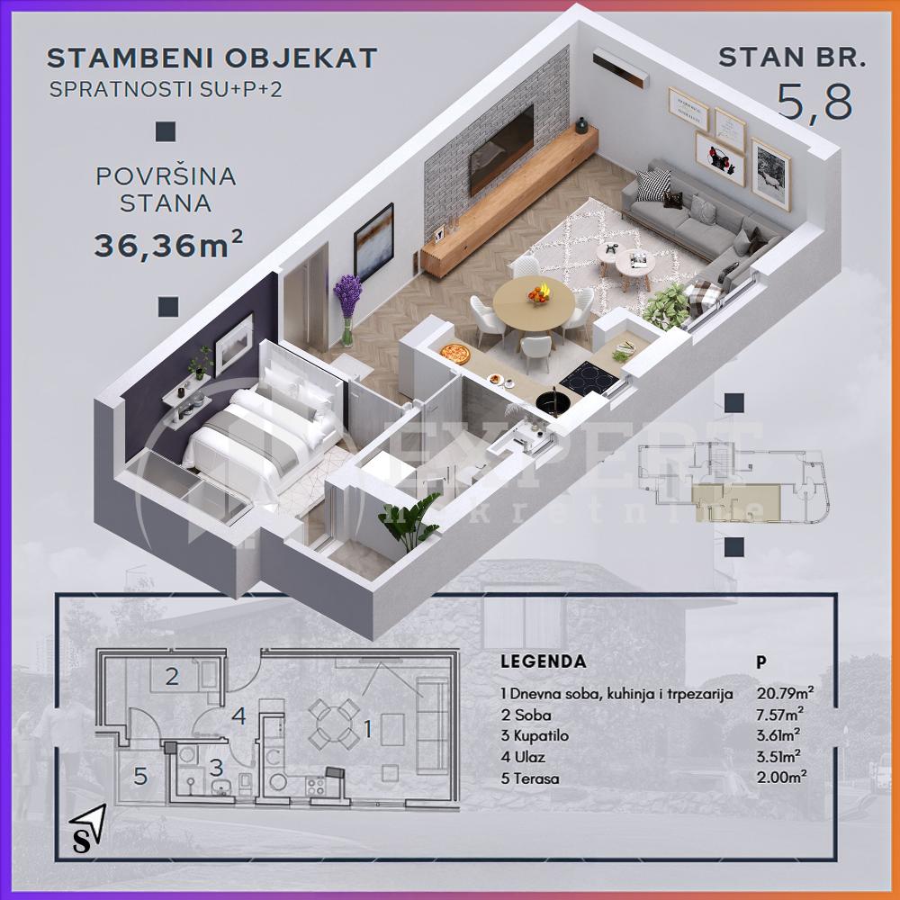 Slika 2 - Durmitorska, Jednoiposoban stan na prodaju, 36m2, 59.990€