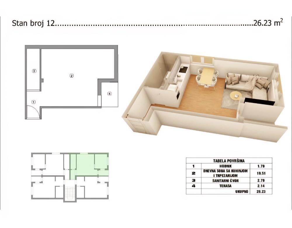 Glavna slika -Naselje Branko Bjegović, Jednoiposoban stan na prodaju, 26.23m2, 41.200€