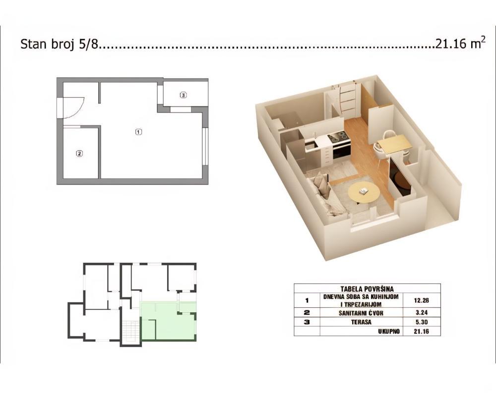 Glavna slika -Jednoiposoban stan na prodaju, 21.16m2, 40.170€