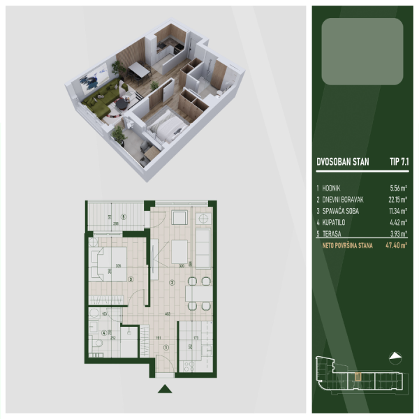 Glavna slika -U blizini parka Čair, Dvosoban stan na prodaju, 47.4m2, 98.544€