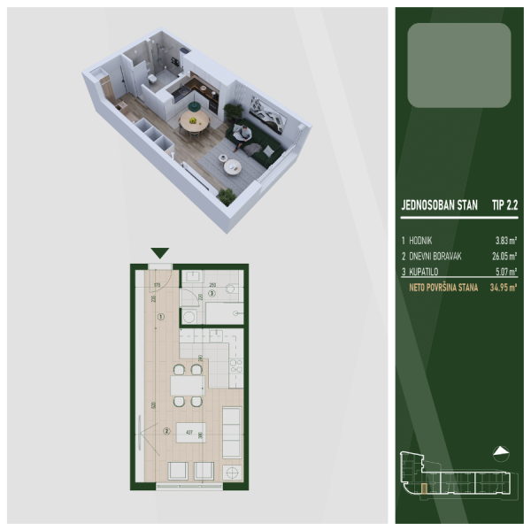 Glavna slika -U blizini Čaira i Kliničkog centra, Jednosoban stan na prodaju, 34.95m2, 76.121€