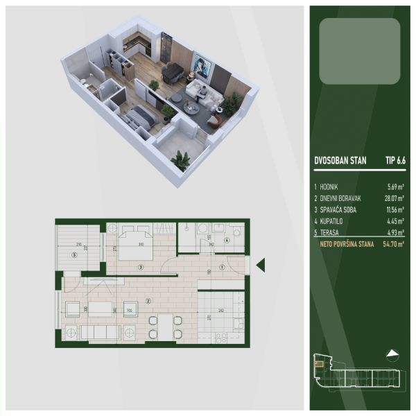 Glavna slika -U blizini Kliničkog centra, Dvosoban stan na prodaju, 54.7m2, 113.119€