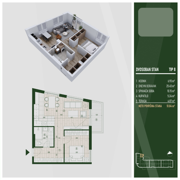 Glavna slika -U blizini Kliničkog centra, Dvosoban stan na prodaju, 51.84m2, 107.205€