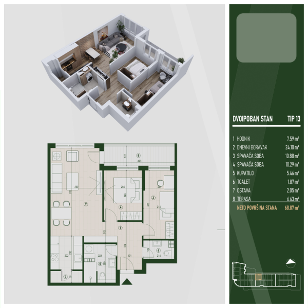 Glavna slika -U blizini Kliničkog, Dvoiposoban stan na prodaju, 68.87m2, 140.150€