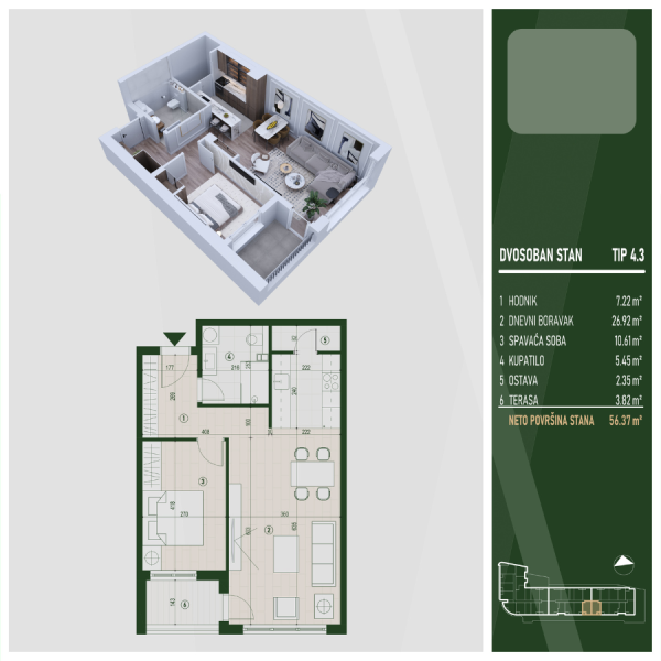 Glavna slika -U blizini Klinilčkog, Dvosoban stan na prodaju, 56.37m2, 115.953€