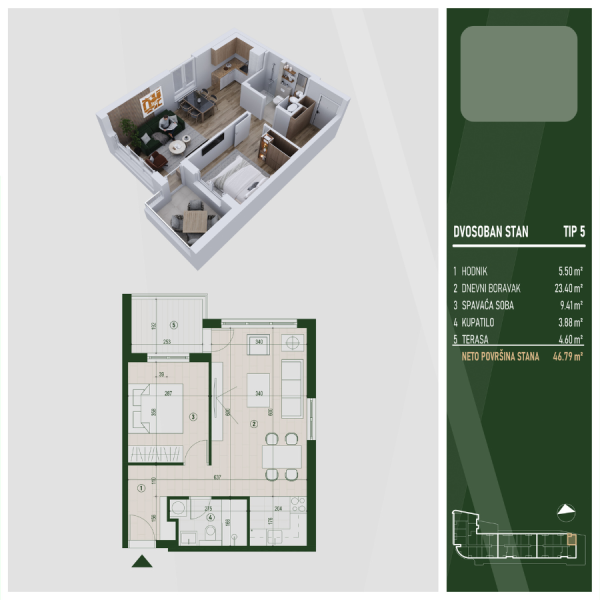 Glavna slika -U blizini Kliničkog, Dvosoban stan na prodaju, 46.79m2, 96.761€