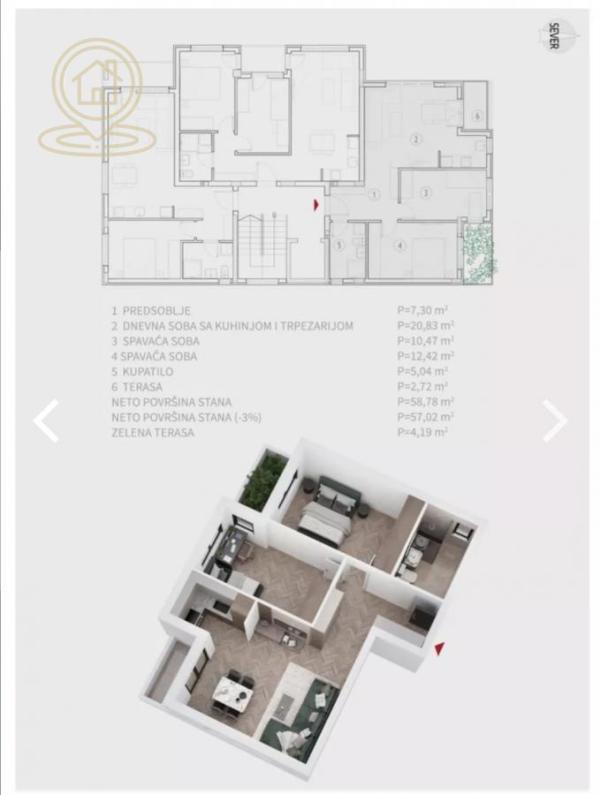 Slika 1 - Dvoiposoban stan na prodaju, 57m2, 102.600€
