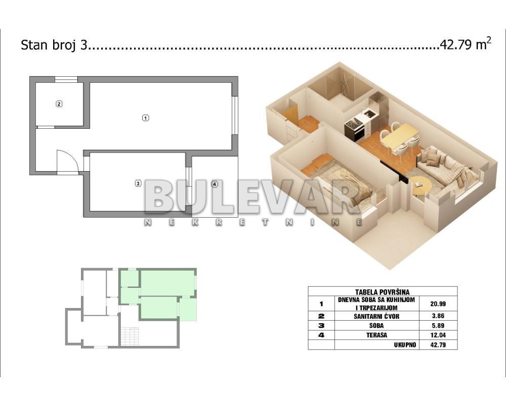 Glavna slika -Pribojska, Jednoiposoban stan na prodaju, 43m2, 66.500€