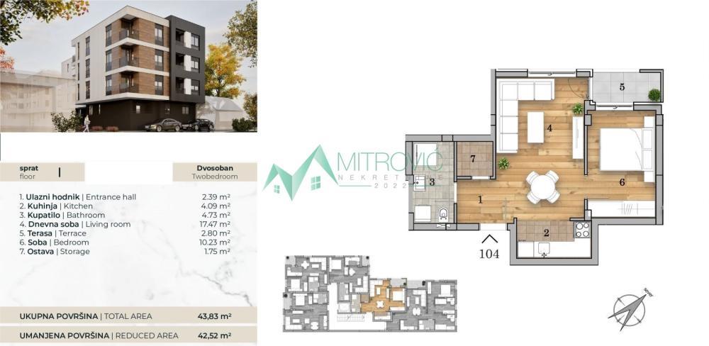 Glavna slika -Dvosoban stan na prodaju, 43m2, 126.885€