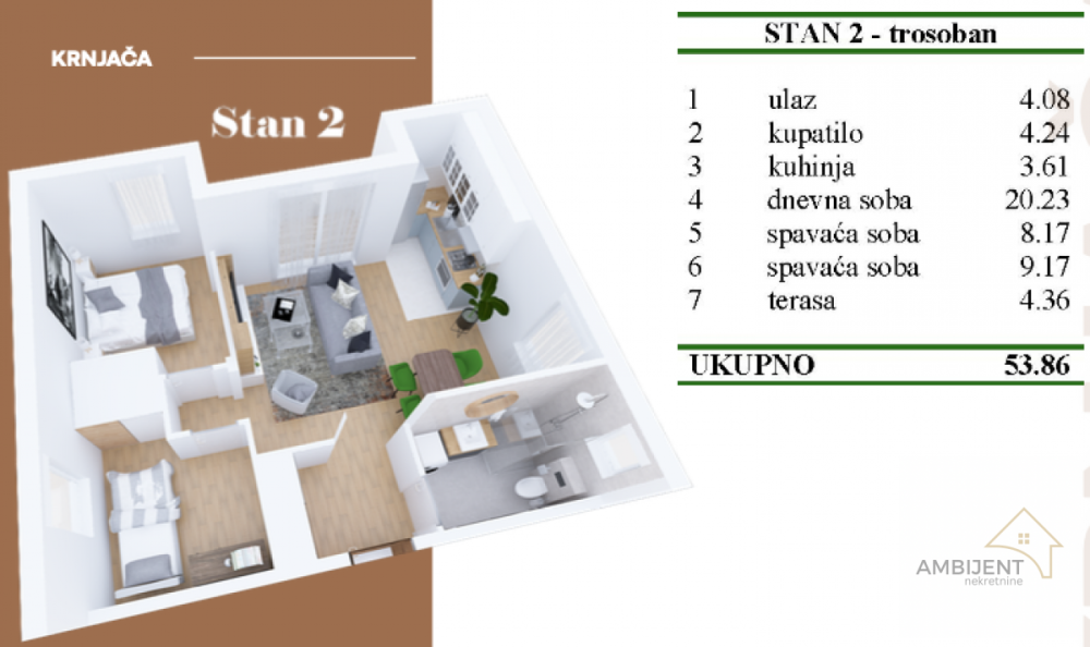 Glavna slika -Trosoban stan na prodaju, 53m2, 94.255€