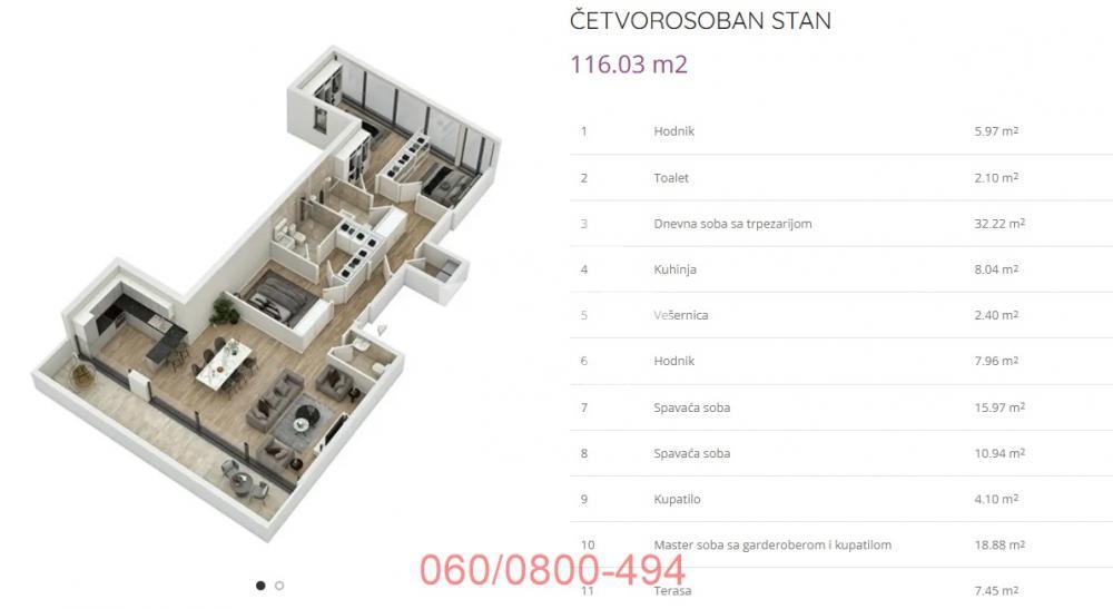 Glavna slika -Gospodara Vučića, Četvorosoban stan na prodaju, 116m2, 458.200€