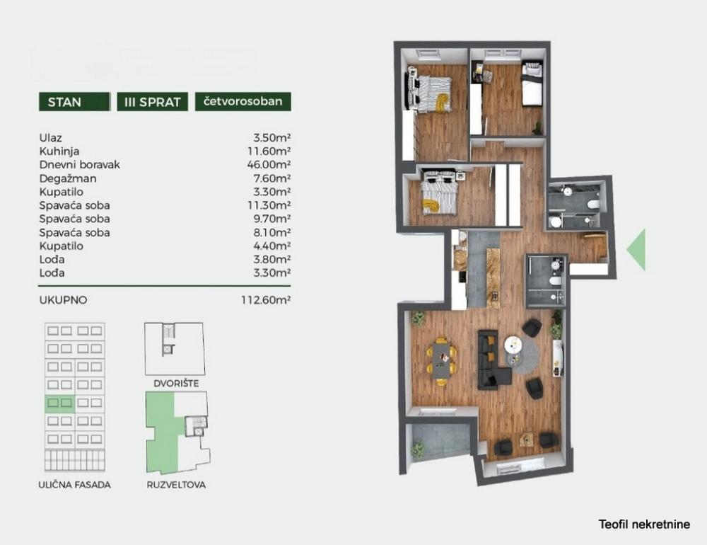 Slika 1 - Ruzveltova, Četvorosoban stan na prodaju, 113m2, 405.500€