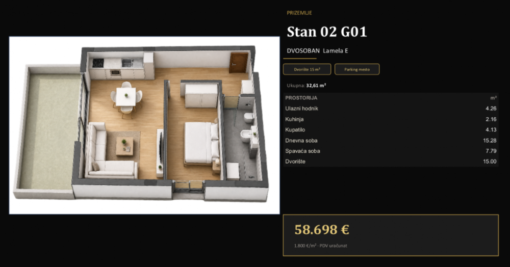 Slika 1 - Jednoiposoban stan na prodaju, 30m2, 54.810€