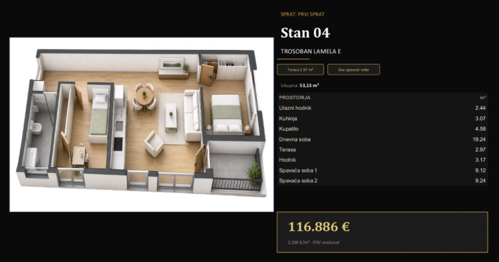 Glavna slika -Dvoiposoban stan na prodaju, 53m2, 116.886€