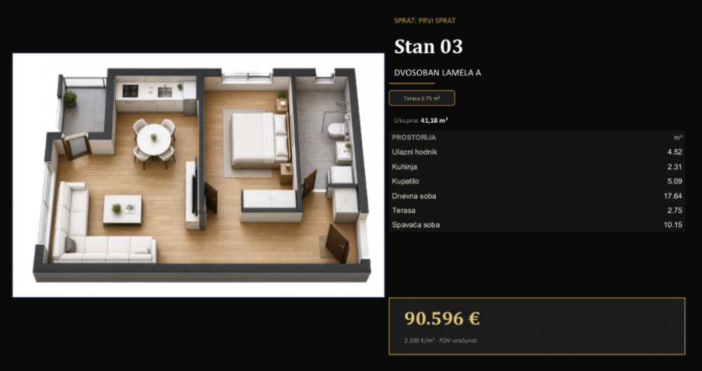 Slika 2 - Jednoiposoban stan na prodaju, 39m2, 86.152€