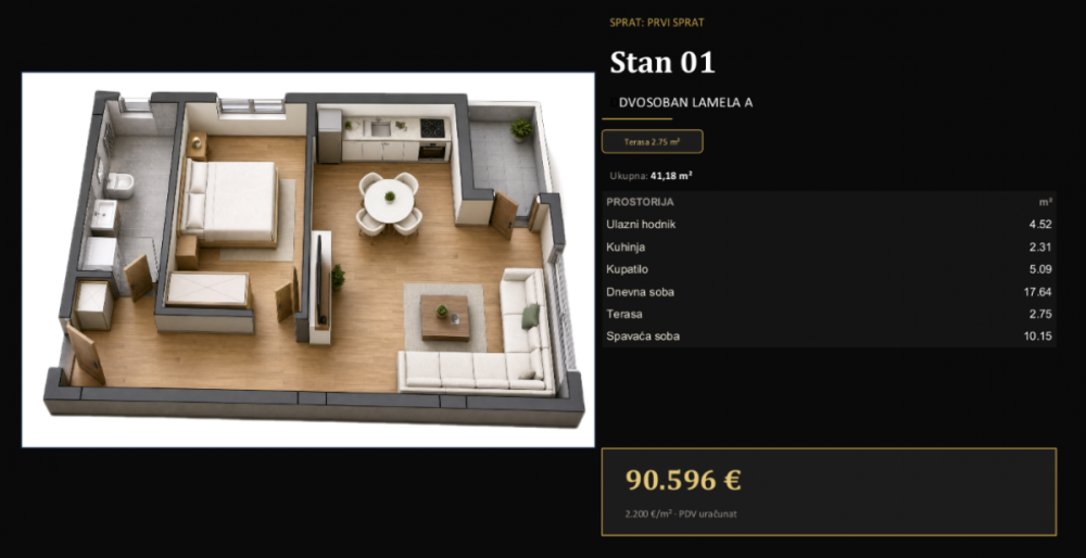 Slika 1 - Jednoiposoban stan na prodaju, 39m2, 86.152€