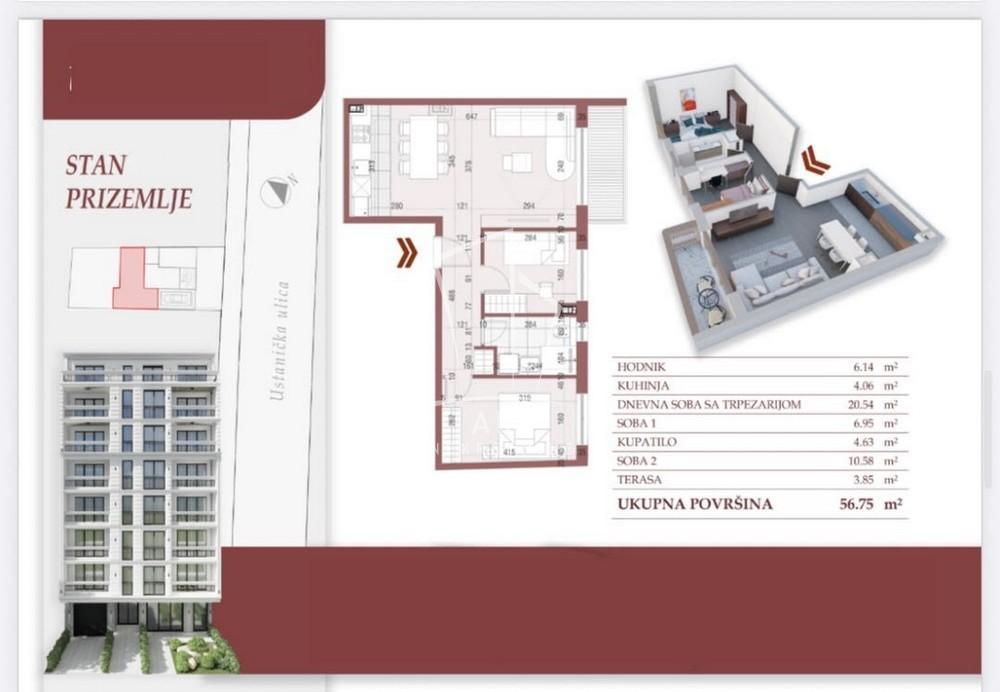 Glavna slika -Ustanička, Dvoiposoban stan na prodaju, 57m2, 241.840€