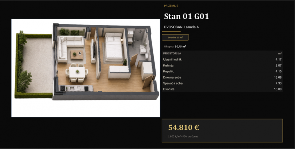 Slika 1 - Dvosoban stan na prodaju, 30m2, 54.810€