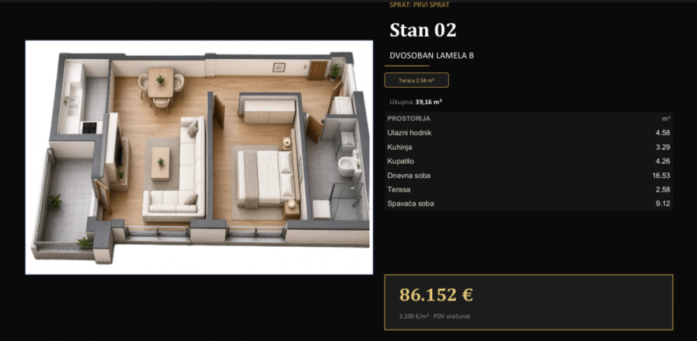 Slika 6 - Dvosoban stan na prodaju, 39m2, 86.152€