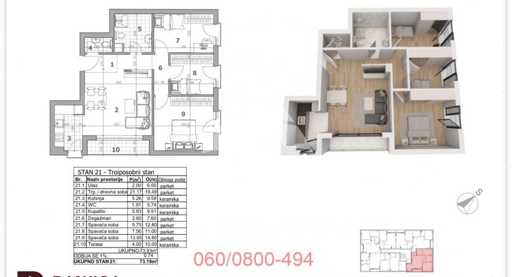 Glavna slika -Beranska, Troiposoban stan na prodaju, 73m2, 204.932€